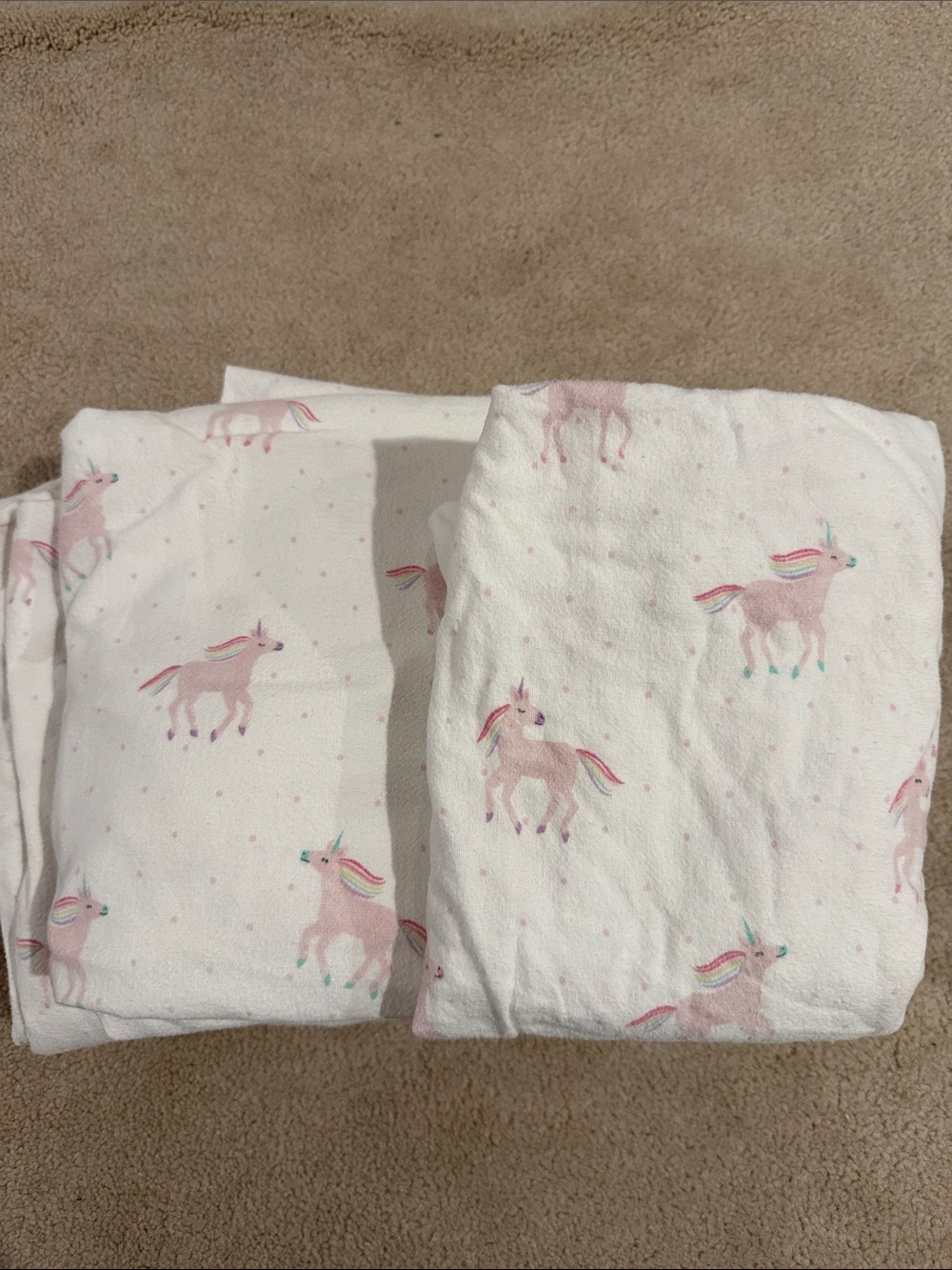 Pottery Barn Kids Twin Organic Flannel sheet set. Unicorn Print Pink and White